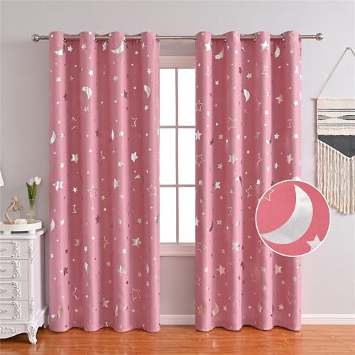 Freyamy Vorhang Blickdicht Rosa Mond Sternenvorhänge 2 Stück,250x100cm (HxB) Niedliche Vorhänge mit Ösen Lichtundurchlässig thermovorhang kälteschutz Gardinen Lärmschutz für Kindervorhänge