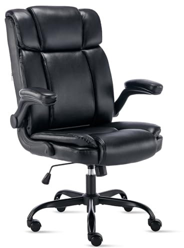 LIYURUI Bürostuhl PU-Leder 150KG belastbarkeit Computerstuhl Ergonomischer Flip-up Armlehnen/110° Schaukeln Chefsessel mit hoher Rückenlehne und breitem Sitz Schreibtischstuhl, Schwarz