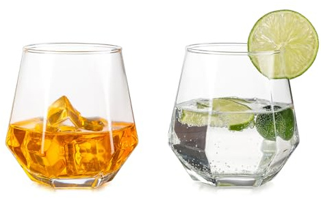 Inweder Old Fashioned Whiskey Glasses: 2 Pcs Stemless Vodka Glasses, Clear | 300 ml Capacity, Geometric Diamond Design, Modern Look Tumbler Glassware for Bourbon/Rum/Cocktails/ Water/Juice