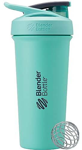 BlenderBottle Strada Sleek Shaker Cup Insulated Stainless Steel Water Bottle with Wire Whisk, 740ml, Seafoam