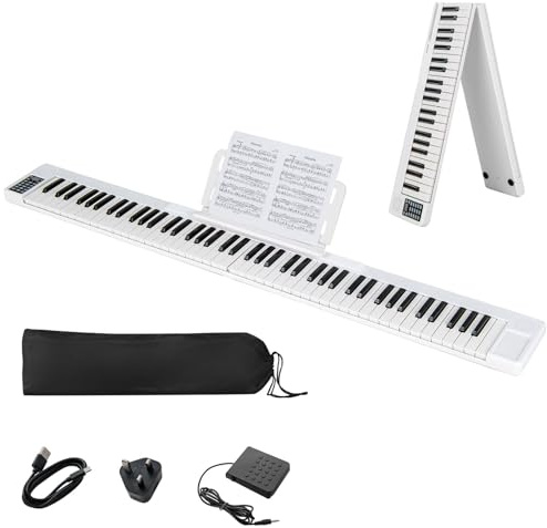 Maxmass 88 Keys Folding Digital Piano, Portable Electronic Keyboard with Bluetooth MIDI Function, Dual Speakers, Carry Bag, Sustain Pedal, Full Size Semi-Weighted Piano for Beginners Adults (White)