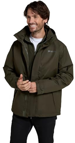 Mountain Warehouse Fell Mens 3 in 1 Water Resistant Jacket - Adjustable Coat, Packaway Hood, Detachable Inner Fleece, Many Pockets - Spring Summer, Outdoors Dark Khaki M