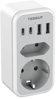 TESSAN Doppelstecker für Steckdose, Steckdosenadapter mit USB C, Mehrfachstecker für Steckdose 3600W, Doppelsteckdose für Phone und Haushaltsgeräte, Mehrfachsteckdose mit 4 USB, Grau