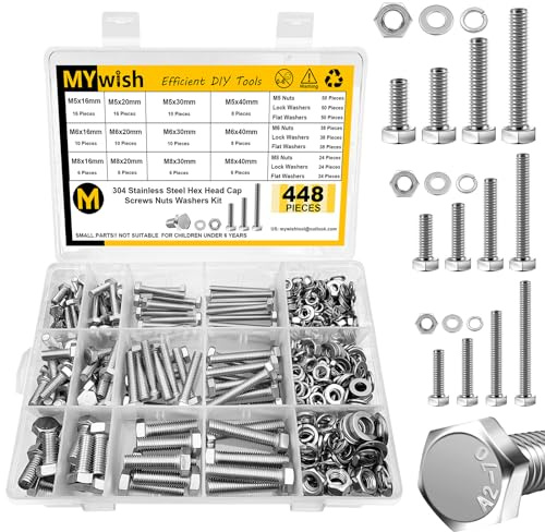 Mywish 448PCS M5 M6 M8 Screw Set, Metric Bolt Assortment, 304 Stainless Steel, Nuts and Bolts Set Flat & Spring Washers, Hex Head Cap Screws Bolts and Nuts Kit, Fully Thread