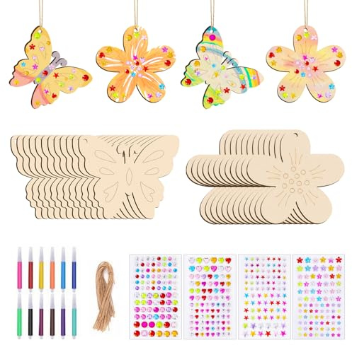 Bastelset Schmetterling Blume, Schmetterlinge Basteln Kinder, Mit Aquarellstift, Edelsteinaufkleber, Schnur, Holz Bastelset für DIY Kindergeburtstag