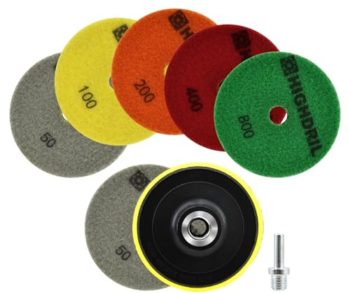 HIGHDRIL Tamponi Lucidatura Diamantati Set - 6 Pezzi 100mm Grana #50x2/100/200/400/800 + M14 Supporto in Plastica + Adattatore Umidi Dischi per Lucidare Marmo Granito Quarzo