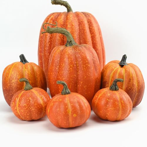 JOYWU Large Artificial Pumpkins Fall Decoration,7Pcs Assorted Sizes Foam Faux Pumpkins,Orange Fake Pumpkins,Autumn Harvest Pumpkins,Fall Pumpkin Decor,Thanksgiving Table Decorations(7-21cm)