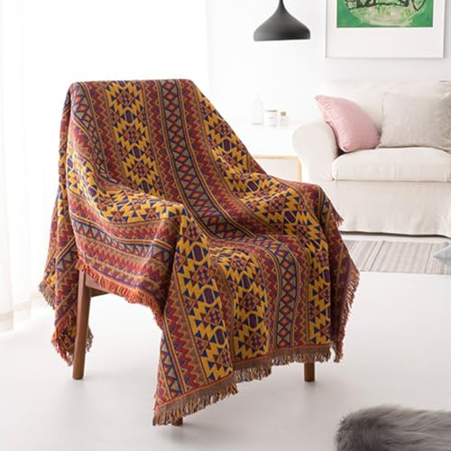 LumiSyne Coperte Double-Face Plaid In Cotone Intrecciato Con Nappina Motivo Geometrica Bohemien Stile Etnico Vintage Decorativo Coperta Da Tiro Per Letto Divano Campeggio Arazzo Tovaglia Tappeto