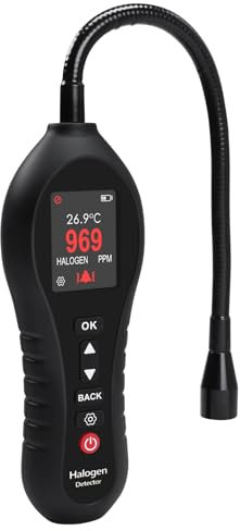 Détecteur de gaz halogène - Détecteur de fuite de réfrigérant 0-1000 ppm CFC, HCFC HFCS, sonde col de cygne de 26,7 cm, vibrations, bip et alerte visuelle pour climatisation, usine industrielle,