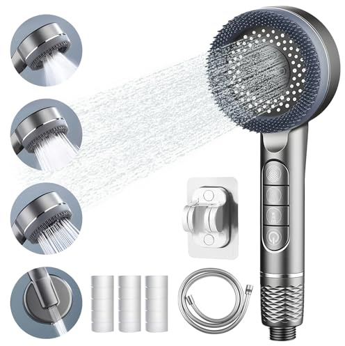 High Pressure Shower Head with Filter, No Drilling Handheld Shower Head 4 Spray Modes with Stop Function, Removable Silicone Brush Head and 1.5m Hose
