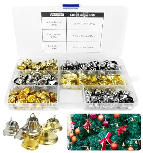 140Pcs Jingle Bells with Storage Box, Small Bells,for DIY Crafting Christmas Decorations, and Handmade Ornament, 11 mm/14mm/16mm, Gold,Silver and Yellow