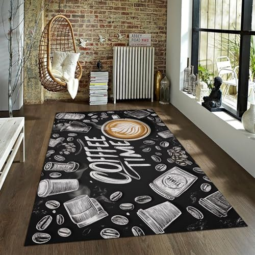 UERWOWELL Kaffeeteppiche mit Latte Art Schwarz und Weiß Kaffeebohnen Graffiti Teppiche mit Gummirücken Waschbar für Patio Cafe Küchenboden 180x240cm
