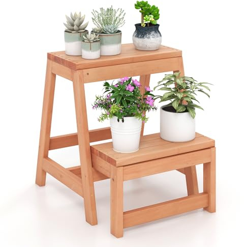 COSTWAY Escabeau 2 Marches, Marche Pied Pliable 3 en 1, Tabouret Enfants et Adultes, Bois de Sapin Naturel, Structure en H, Jardiniere Balcon, Charge 250 kg, 50 × 39 × 45 cm, Naturel