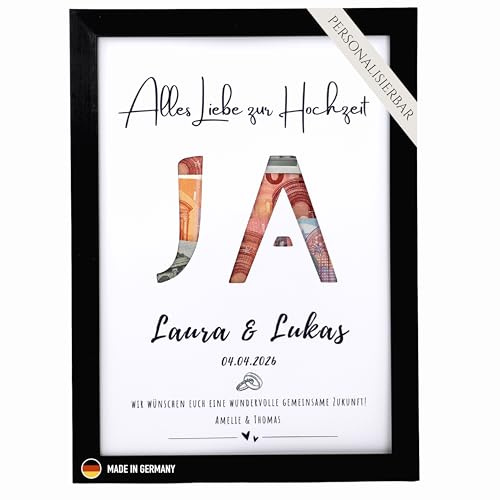 Personalisiertes Geldgeschenk zur Hochzeit | Geschenk für das Brautpaar | Kreative Möglichkeit zum Geldverschenken im DIN A4 Format | Mit hochwertigem A4 Bilderrahmen (Ja)