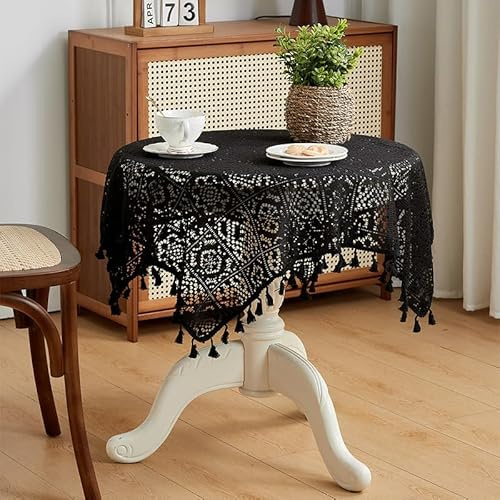 Tischdecke Rund,Häkeldeckchen, quadratisch, Vintage, Spitze, Baumwolle,Abwaschbar Leinen Baumwolle Tischtuch Knitterfrei Quaste Staubdicht,Couchtisch Gartentisch Tischdekoration (Schwarz,60x60 cm)