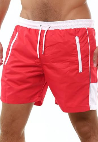 Reslad badbyxor herr snabbtorkande – badshorts för män med dragkedja fickor korta shorts för strand och surfare I perfekt som simbyxor och badbyxor RS-5015, Rödvit, XL