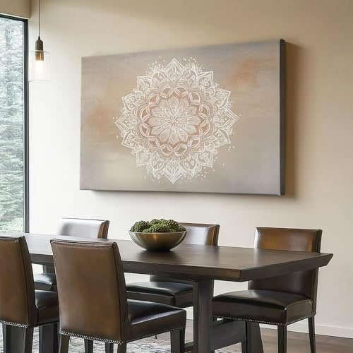 Leinwandbild Boho Stil Raster Mandala Poster 100 x 40 cm (Ungerahmt) Wandbild Kunstdruck für Wohnzimmer Schlafzimmer Büro Wanddeko Hellbraun not Rahmen Bild auf Leinwand