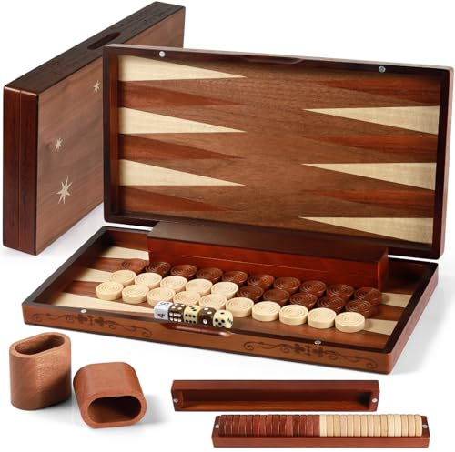 Syrace Ensemble de Backgammon en Bois fabriqué à la Main – 40,6 x 38,9 cm, pièces surdimensionnées, Sculptures complexes, Plateau de Jeu de Voyage de qualité supérieure pour Adultes et Enfants