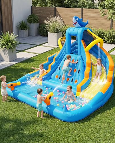 Kids Inflatable Bounce House Water Park, 13ft Outdoor Double Lane Slide with Splash Pool, Climbing Wall, Water Cannons & 680W Blower, Backyard Play for Ages 3–10