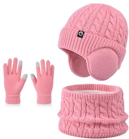 D'hiver Enfant Bonnet avec Cache-Oreille Écharpe Gants 3 en1, Doublure Intérieure en Polaire Bonnet en Tricot Chaud Élastique Cache-Cou Gants à écran Tactile pour Fille Garçon 4-10