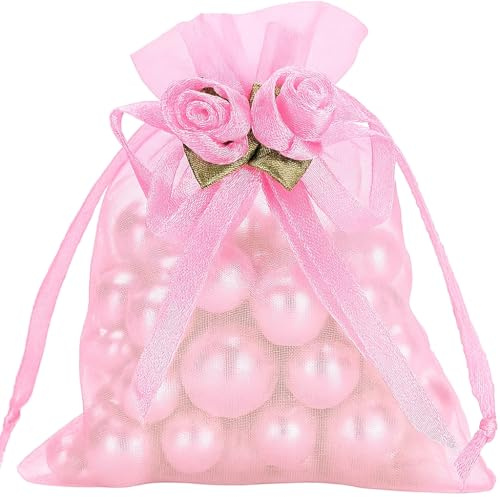 G2PLUS 10×12cm Rosa Hochzeit Organzasäckchen mit Rosen: 30 Stück | Organza Geschenksäckchen mit Kordelzug, Kleine Geschenkbeutel für Schmuck, Juwelen oder Kleine Geschenke