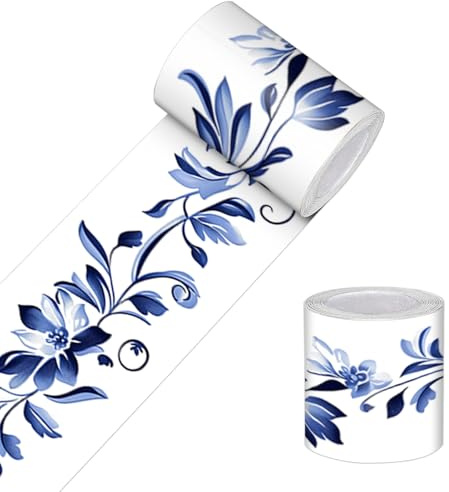 HOMETITUTE Wallpaper Border Peel and Stick Decorative Wall Trim Self Adhesive Blue Floral Accent Strip for Bedroom Bathroom Living Room Mirror Frame Study Hallway 4x196 Inch Ink Style Wallpaper Border