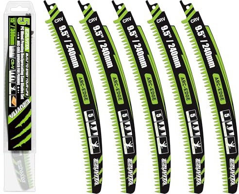 EZUVITA 5pcs 240mm Japanese Teeth Wood Pruning Reciprocating Saw Blades Set, Arc Cutting Edge 5TPI Pruning Saw Blades for Tree Pruning, Wood Cutting, 5 Pack