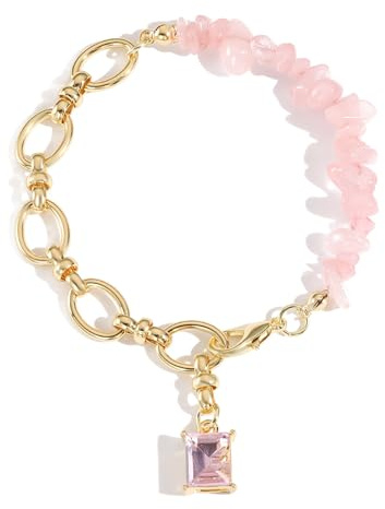 HETICA Pink Stone Chain Bracelet for Women Square Gem Charm Chunk Gold Link Bracelet Jewelry Gifts