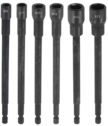 HARFINGTON 6pcs Nut Driver Drill Bit 1/4,3/8,7/16,9/32,11/32,1/2 Inch Socket 1/4 Hex Shank 6 (150mm) Extra Long Magnetic 6-Point Sockets Quick Change Chrome Vanadium Steel Bolt Setters