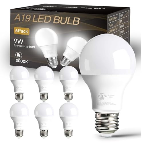 dalattin 6 Pack LED Light Bulbs A19 E26 60 Watt Equivalent Daylight White 5000K Standard Lightbulb, 800 LM, Efficient 9W Energy Saving, Non-Dimmable, 80+ CRI, 120V, UL Listed, for Indoor
