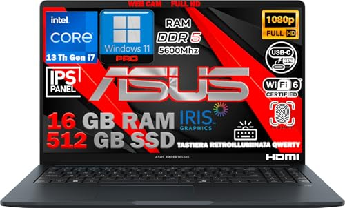 ASUS Notebook ExpertBook 15,6 Intel Core i7 13ª Gen 10-Core fino a 5GHz, 16GB RAM DDR5, 512 GB SSD, Win11 Pro, WiFi6E, Thunderbolt, HDMI, Tastiera Retroilluminata, QWERTY, Fingerprint