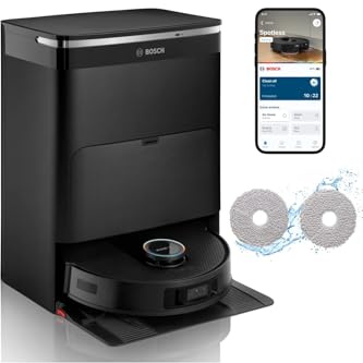 Bosch Spotless Max Cam BCRDW3BX Robotdammsugare med Mopp, Förlängd Roterande Mopp-funktion, 11 000 Pa Sugkraft, Självrengörande Dockningsstation, Smart Vision-kamera, Bosch Home Connect-app, svart