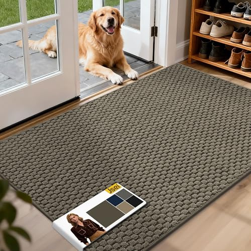 JSEI Dirt Trapper Door Mat 32x48, Non-Slip Entryway Rugs Doormat Indoor, Washable Absorbent and Stain Resist Welcome Floor Mat for Front Door, Dog Door Mat, Dirty Wet Shoes & Paws, Greyish Brown