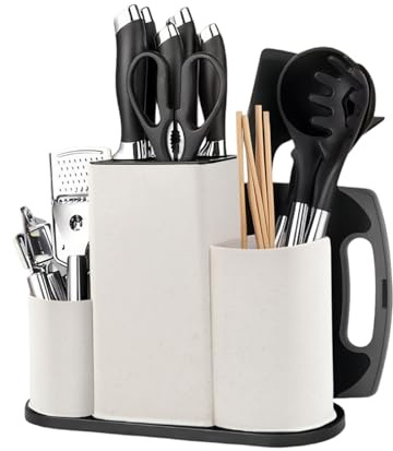 4 en 1 Bloque de Cuchillos Cuadrado, Soporte Cuchillos Cocina Negro, Porta Cuchillos Universal, Cuchillero para Cocina Sin Cuchillo, Portacuchillas con Ranura Extraíble y Orificio de Drenaje (Blanco)