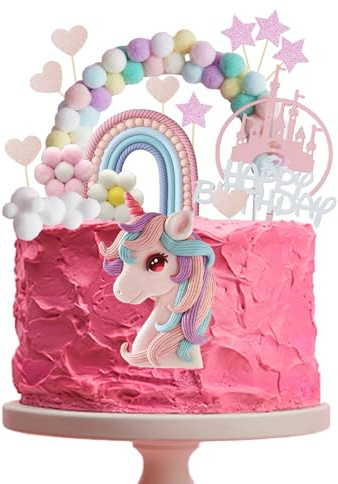 AYNKH 17 Stück Einhorn Tortendeko Set mit Regenbogen, Burg, Macaron Kuchen Topper, Cupcake Deko für Mädchen Geburtstag, Kindergeburtstag