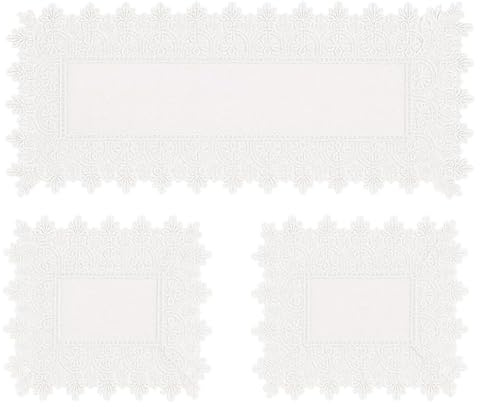 Corredocasa centrino Striscia tovaglia tovaglietta da Tavolo Cucina Soggiorno Comodino di Bellezza con Macrame Pizzo Ricamato ai Lati (Disegno 1 Bianco, Set 3 Pezzi (39x87cm + 2pz 32x44cm))
