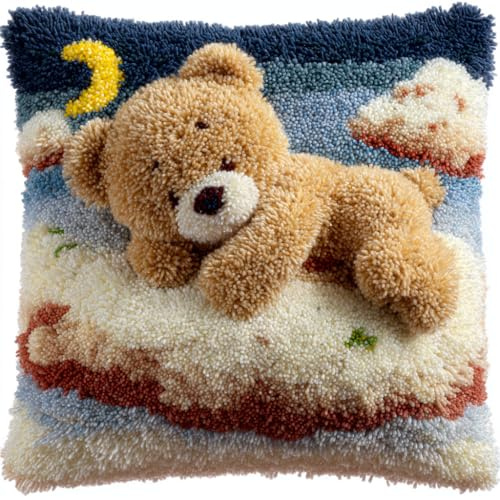 YarnAdventures Cartoon-Stil DIY Knüpfkissen-Set anfänger,Kleiner Bär liegt auf der Wolke,knüpfkissen mit vordruck Knüpfhaken-Kissen-Set,bedruckte Leinwand für Anfänger,Stickerei,Bastelk,17x17in