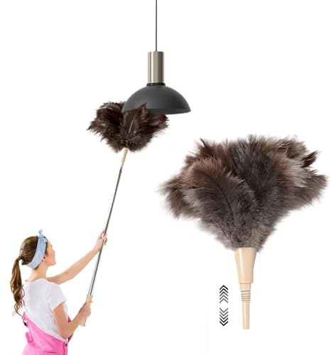 QESSUVNC Feather Duster Extendable 35-110cm Ostrich Feather Dusters For Cleaning, Long Duster For High Ceilings,Lamps, Cabinets, Furniture（Khaki）