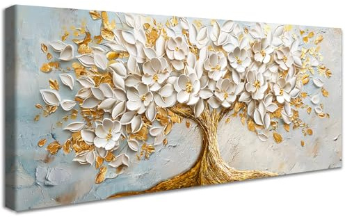 Stampa su tela Con Cornice Albero della Vita Bianco in Fiore Pittura Albero Dorato Lussuoso Quadri su tela Quadri Moderni Quadretti da Parete Stampa da Parete Soggiorno Camera da Letto 50x120cm