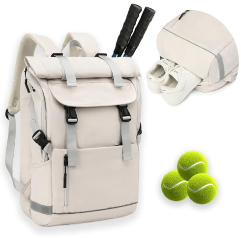 BlesMaller Zaino da tennis da donna con scomparto per scarpe, borsa da tennis, ultra leggera, per badminton Pickleball Squash, beige., 20 x 30 x 50 cm, Zaino da tennis con scomparto per scarpe