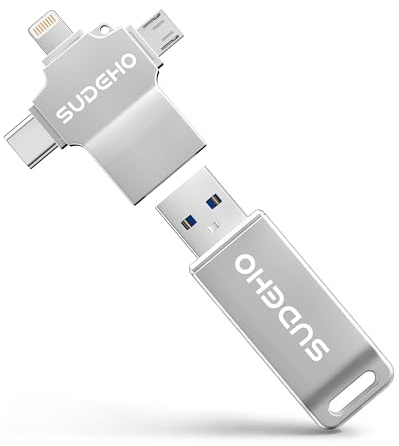 SUDEHO Cle USB iPhone 128 Go MFi Certifiée, 4 en 1 Clé USB C pour iPhone/Pad/Mac/Android/PC, Clef 3.0 Grande Vitesse Flash Drive Mémoire Externe Stick pour Stockage Photos/Vidéos/Musique(Argent)