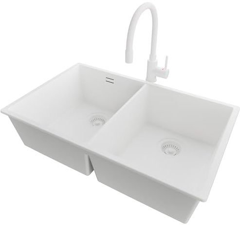 PRIMAGRAN Lavandino da Cucina al Mobile 80cm + Rubinetto, 76x47cm | Set: Rubinetto BW6020 + Kit di scarico + Lavello in Granito a 2 vasche - London Twin Slim, Tutto Bianco