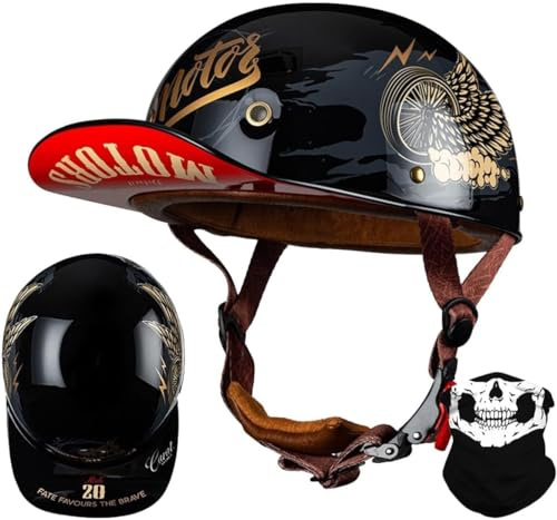 Caimcie Cappellino da Baseball Vintage per motociclette, Casco Jet retrò, Casco a Mezza Calotta con omologazione ECE/DOT con sgancio rapido per Scooter, Cruiser, Chopper, Uomo e Donna. A,L=58-59cm