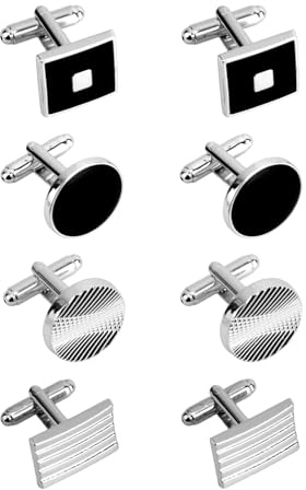 4 Pairs Cufflinks for Men, Classic Colors Round Rectangle & Striped Cufflinks Fashion Cuff Links for Men Wedding Business Party Gift (4 Styles)