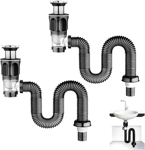 2 Pcs Sink Waste Kit, Bathroom Sink Waste, Pop Up Basinwaste with Flexible Drain Down Hose, Universal Washbasin Drainer for Bath Wash Basin Kitchen - Black