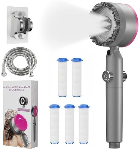 Alcachofa Ducha Alta Presión con 5 Filtros, Manguera 1.5M y Soporte, Cabezal de Ducha Antical de 4 Modos con Botón de Stop, Alcachofa de Ducha Universal para Cuidado de Piel y Pelo, Gris