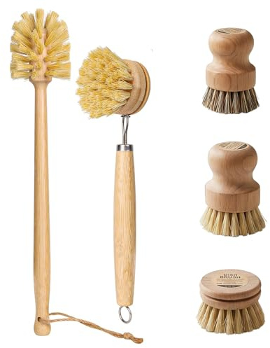 5 Stück Bambus Spülbürsten, Naturborsten, Wiederverwendbar | mit Spülbürste Holz, 14’’ Flaschenbürste, Ersatzköpfen & Abwaschbürste*2 fur Geschirr, Töpfe, Pfannen, Spülbecken, Woks