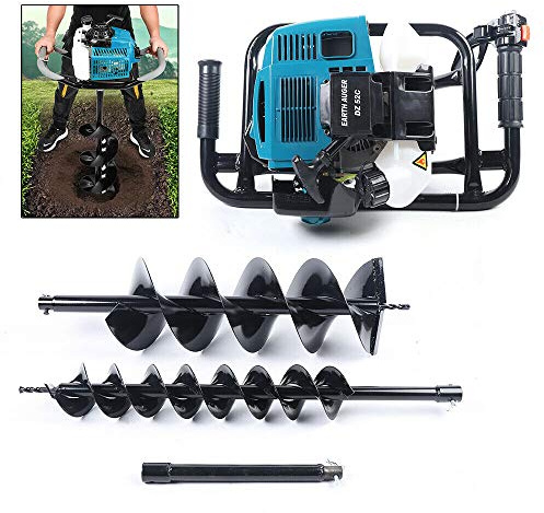 Tarière Thermique 52cc 1,7kW Essence Tarière Jardin 2 Temps Avec 2 Forets 6-20CM, Vitesse 6500-8500 Tr/Min Sacoche Outils Outil Plantation Arbre Poteau Clôture