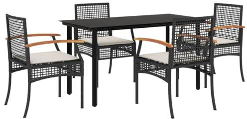 PUGYNBK Set da pranzo da giardino con cuscino in polyrattan nero, tavolo da pranzo con piano in vetro, poltrona da giardino con tappezzeria, telaio in acciaio verniciato a polvere, rivestimenti