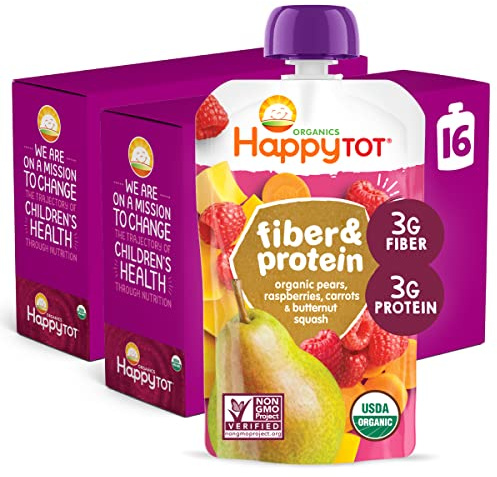 Happy Tot Organics Stage 4 Baby Food Pouches, Gluten Free, Vegan Snack, Fiber & Protein Fruit & Veggie Puree, Pears, Raspberries, Butternut Squash & Carrots, 4 Ounce(Pack of 16)